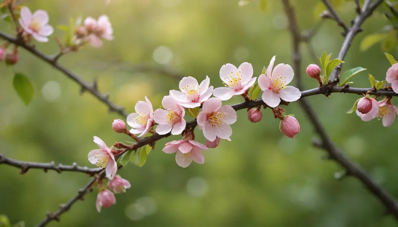 Delicate pink flowers, Japanese apricot tree branches, sunny garden scene, green leaves, bright yellow petals, blossoming, gentle curves, soft focus, morning dew drops, vibrant colors, natural beauty, serene atmosphere