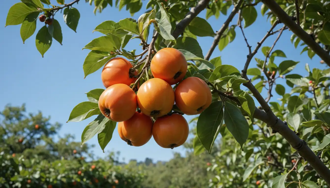 1-2 Japanese persimmons, ripe and unripe, hanging from a tree branch, with lush green leaves, a sunny blue sky above, a hint of subtle garden surroundings, with a few flowers or foliage in soft focus