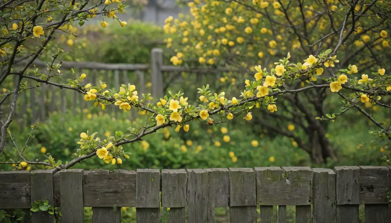 A blooming Japanese quince with vibrant yellow flowers, branches intertwined with a rustic fence or trellis, lush greenery in the background, soft focus to emphasize texture and colors