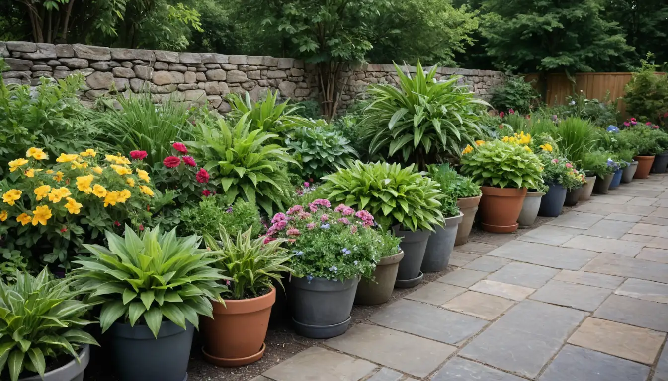 A thriving garden with lush green leaves, vibrant flowers, and diverse plant species, showcasing a variety of pots, planters, and containers in different sizes and shapes, with some plants having healthy growths, others receiving care through watering or pruning tools, set against a natural background such as wooden boards, stone walls, or a serene outdoor environment