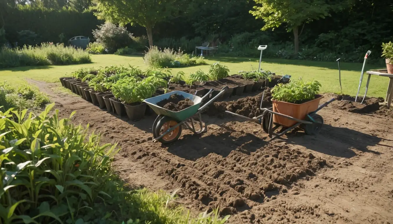 2-3 gardeners, hands-on work, soil preparation, shovel, rake, wheelbarrow, sunny field, lush greenery, seedlings, tools, gloves, gardening equipment, dirt piles, organized workspace, natural surroundings