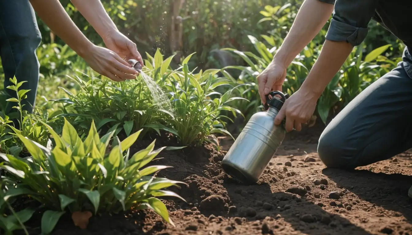 person kneeling, hands holding water canister, green plants growing from soil, gardening tools scattered nearby, natural background with sunlight and trees, gentle mist or steam rising from watering process