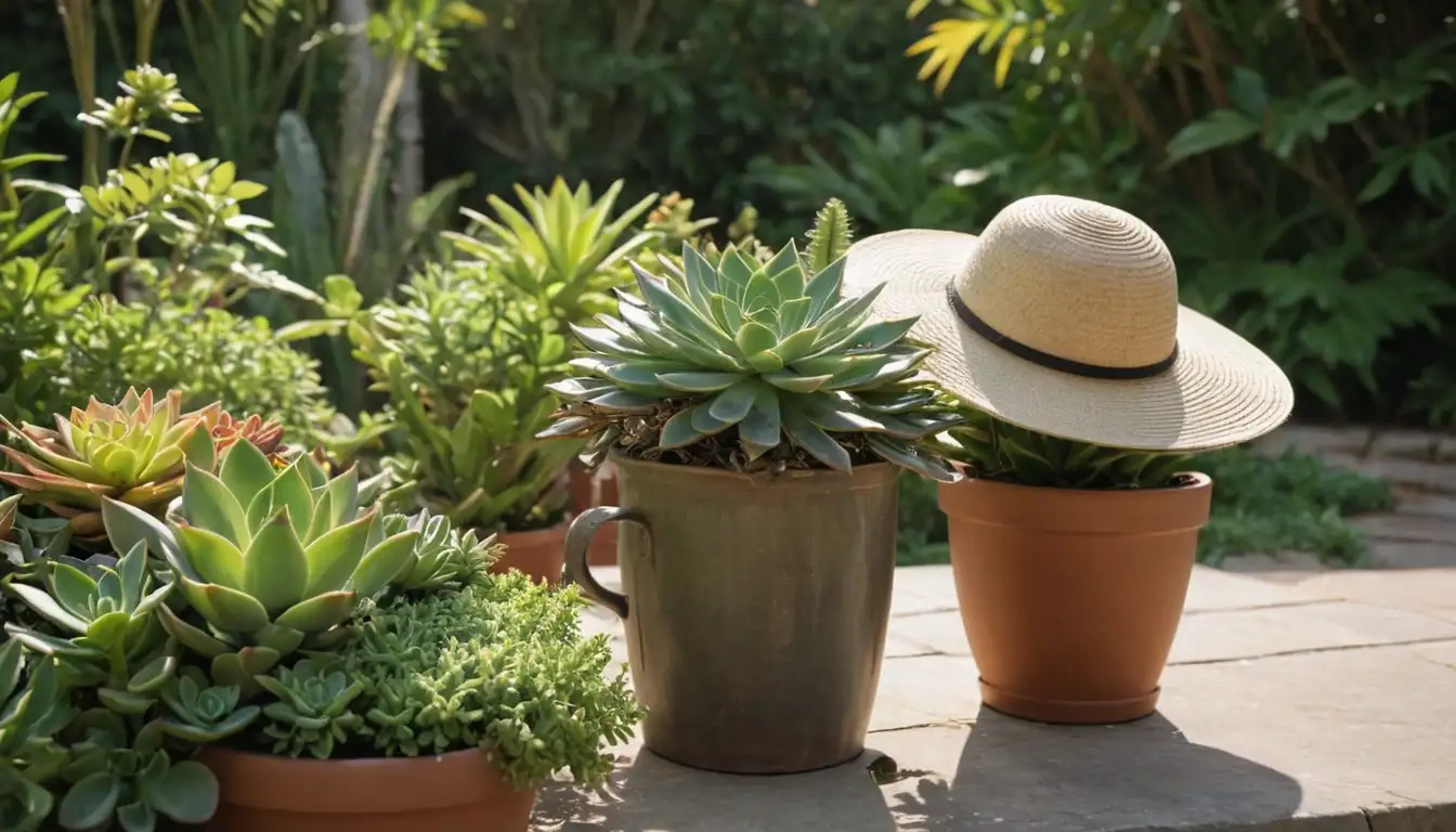 Vase with succulents, gardening tools, and a green thumb, surrounded by lush foliage, sun hat, and a warm weather backdrop, with earthy tones, sunlight, and natural texture, showcasing diverse plant species in a thriving garden environment