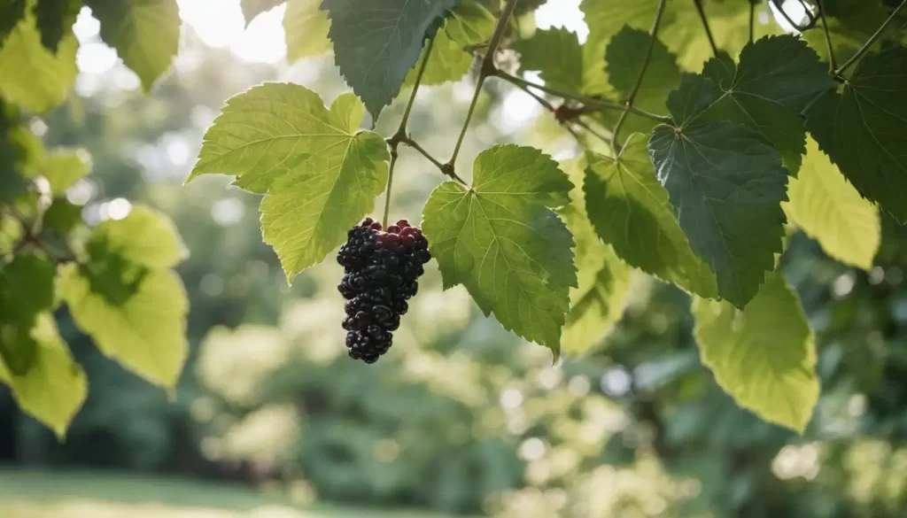 a ripe mulberry fruit hanging from a branch