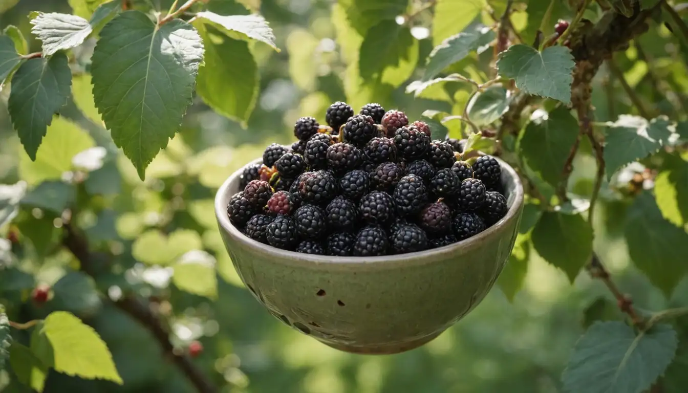A bowl of juicy mulberries surrounded by greenery, a mulberry tree branch with ripe fruit hanging down, a close-up shot of individual berries glistening in sunlight, lush foliage and vines covering the branches, natural color tones, organic textures, soft focus, rustic atmosphere