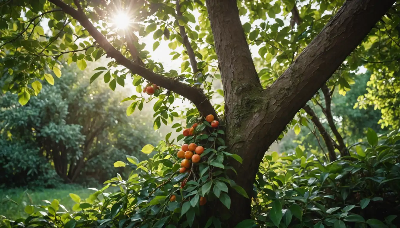 Fruits, branches, leaves, tree trunk, greenery, sunlight filtering through, natural setting, outdoor environment, lush foliage, vibrant colors, texture, rustic atmosphere, botanical illustration style