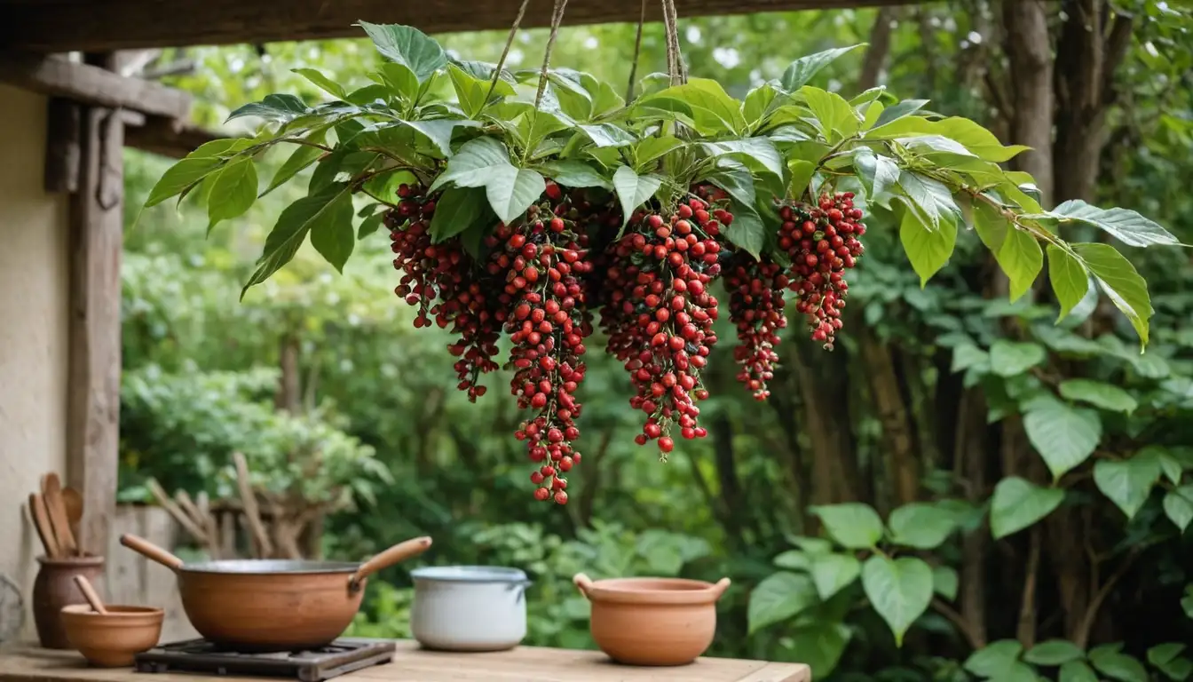 A colorful mora berry bunch hanging from a morera tree branch, surrounded by lush green leaves, with a rustic kitchen background, featuring wooden utensils and earthenware pots, conveying warmth and authenticity