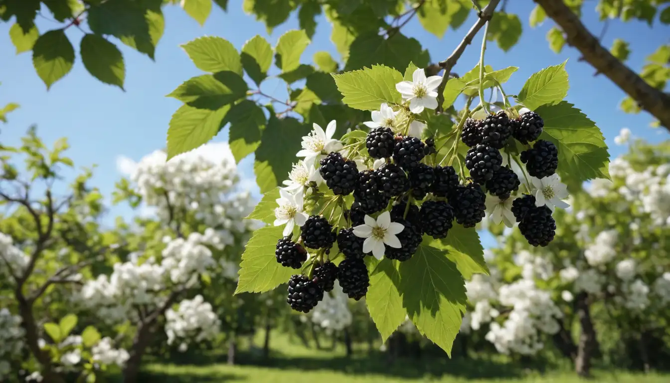 3D rendering of a black mulberry tree with white flowers, dark green leaves, and juicy purple fruit hanging from branches, against a sunny blue sky, on a blurred garden or forest background