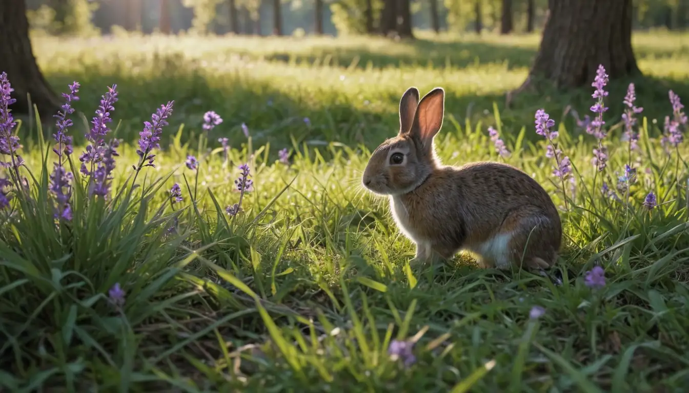 Meadow scene with purple flowers, a small mammal or rabbit in the center, grassy surroundings, naturalistic landscape, serene atmosphere, possibly sunlight filtering through trees