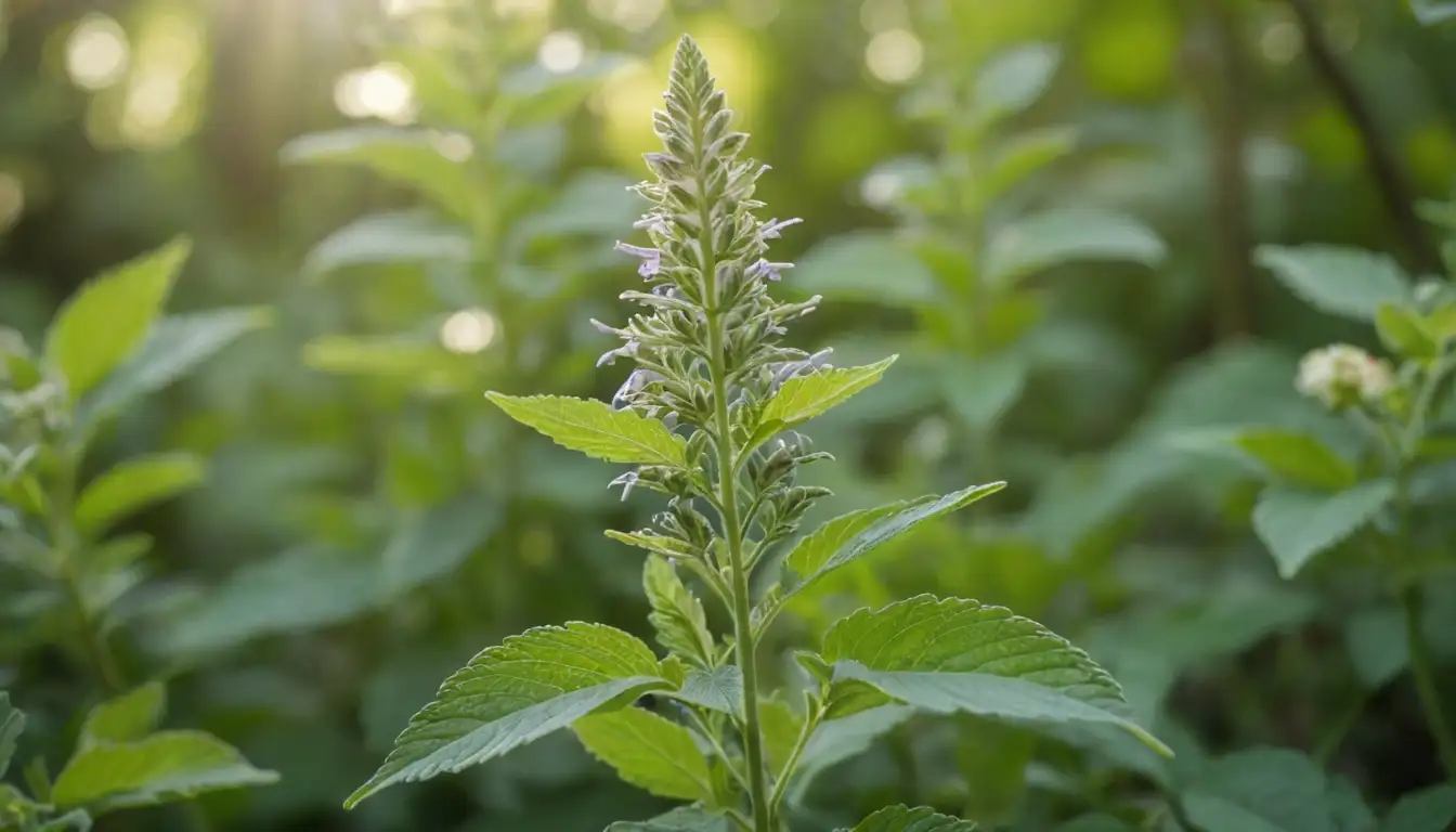 A delicate, yellow-green nepeta flower with soft, rounded petals and a prominent stamen surrounded by feathery leaves, set against a blurred background of lush foliage or a warm sunlight
