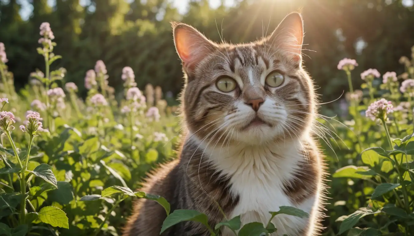 3D cat with whiskers, catnip plant in foreground, greenery and flowers surrounding, warm sunlight or gentle glow, natural environment like meadow or garden