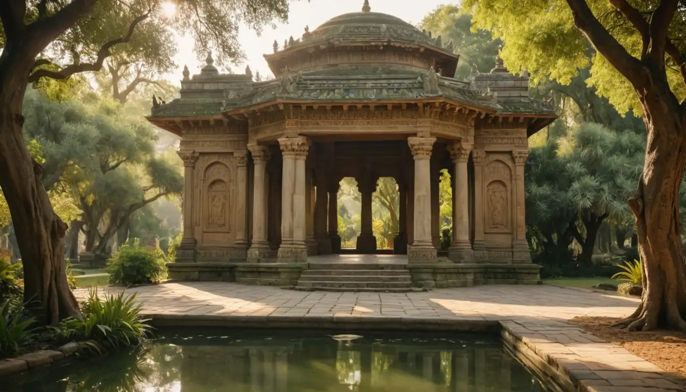 19th-century Indian architecture, ornate temple entrance, intricately carved pillars, majestic tree of paradise in the background, bohemian-inspired olive trees, lush green foliage, golden sunlight filtering through leaves, tranquil water feature, vibrant colors and patterns