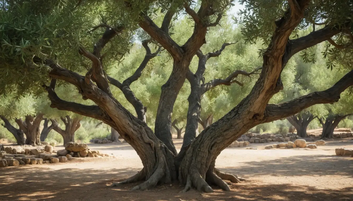 A serene olive tree, trunk gnarled with age, lush green leaves, delicate branches curved upwards, a few olives ripening on the branch, warm sunlight casting subtle shadows, rustic stone walls or ancient ruins in the background