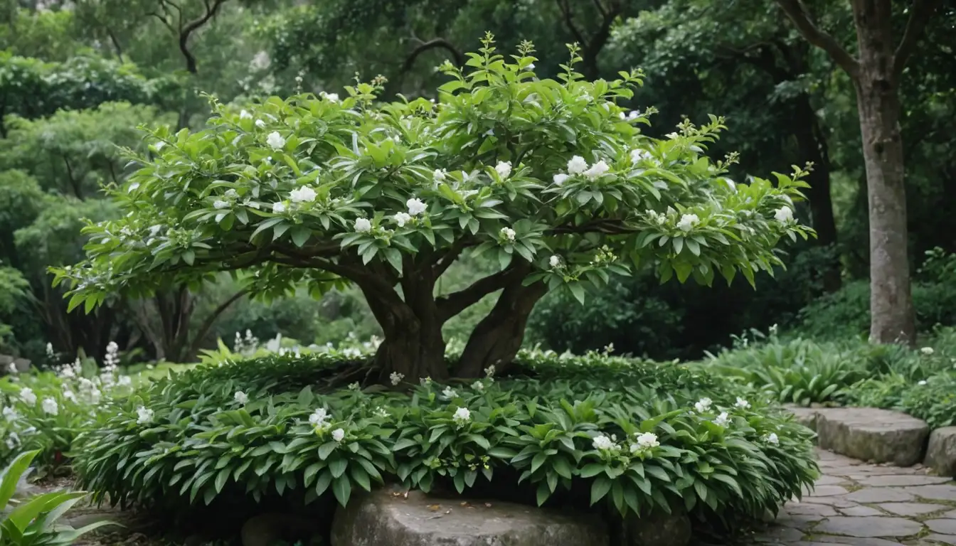a tree with large leaves, white flowers, and small green fruits, surrounded by lush greenery, with a stone or rock base, in a natural setting