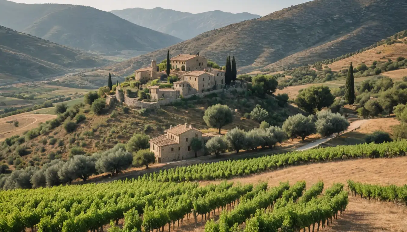 Tree-covered hills, rolling terrain, olive grove in valley, stone houses, rustic farmhouses, vineyards, Mediterranean landscape, sunlit fields, verdant mountains, rural scenery