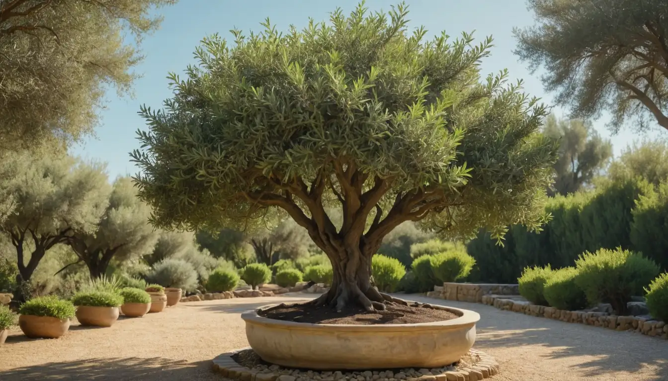 A tranquil garden scene with a mature olive tree (Olea europaea) as centerpiece, surrounded by lush greenery, possibly a few stones or planters, and a warm sunlit background with soft blue sky