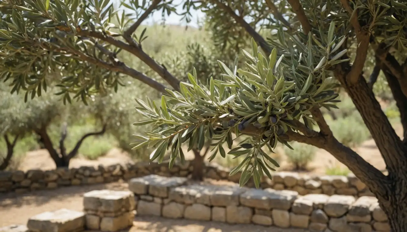 a serene outdoor setting with olive trees, sunlight filtering through leaves, close-up shot of an olive tree with lush green foliage and tiny olives, gentle breeze rustling leaves, rustic garden fence or stone wall in the background, natural surroundings, sun-kissed atmosphere