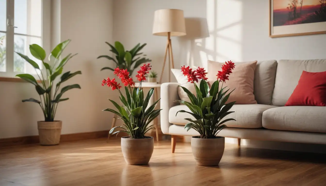 3 exotics plants in a living room setting, soft warm light, wooden floor, minimalist furniture, cat ears plant with fluffy seeds, Panda Plant with fuzzy leaves and stems, Kalanchoe with vibrant red flowers, natural beauty, cozy atmosphere, home decor inspiration
