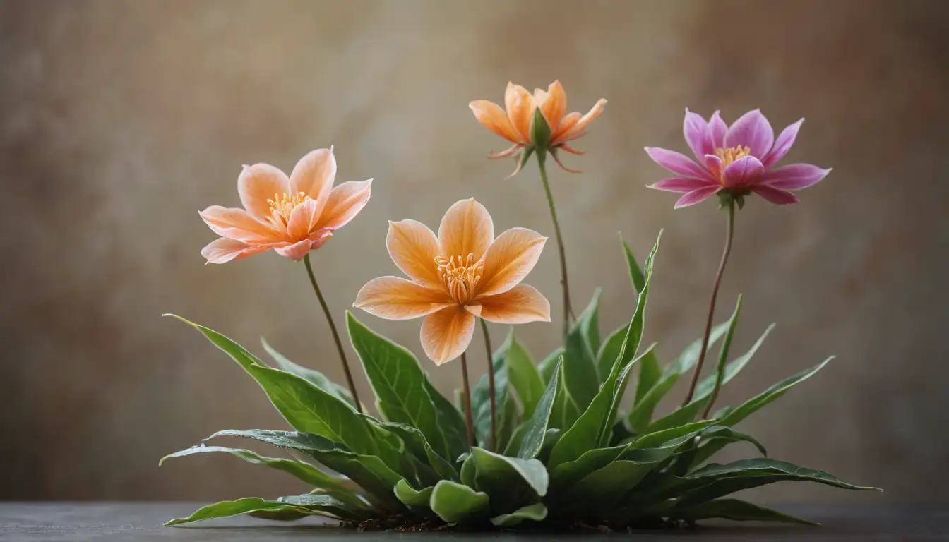 3 plants with unique characteristics, vibrant colors, soft textures, delicate petals, and intricate patterns on leaves and stems, displayed in a creative arrangement on a decorative surface
