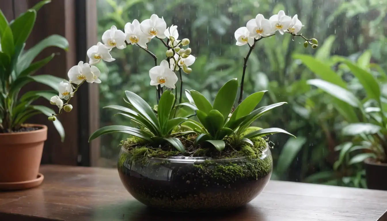 Orchid pot, lush green leaves, bright white blooms, delicate roots, soil grains, terrarium-like setup, water droplets, humidity-rich environment, tropical plants in background