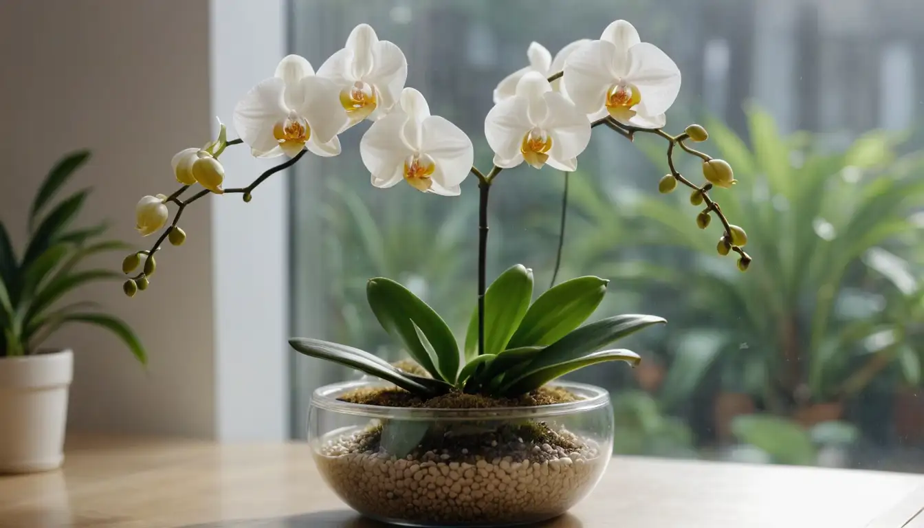 Orchid in a transparent pot with greenery, blooming white flower with yellow center, background blur, natural light, calm and serene environment, plant care tools nearby, orchid stem slightly bent, delicate petals unfolding