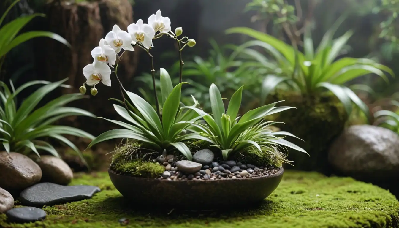 Orchid blooms with green leaves, terrarium or pot surrounded by moss, small stones, and possibly air plants, soft light, serene background