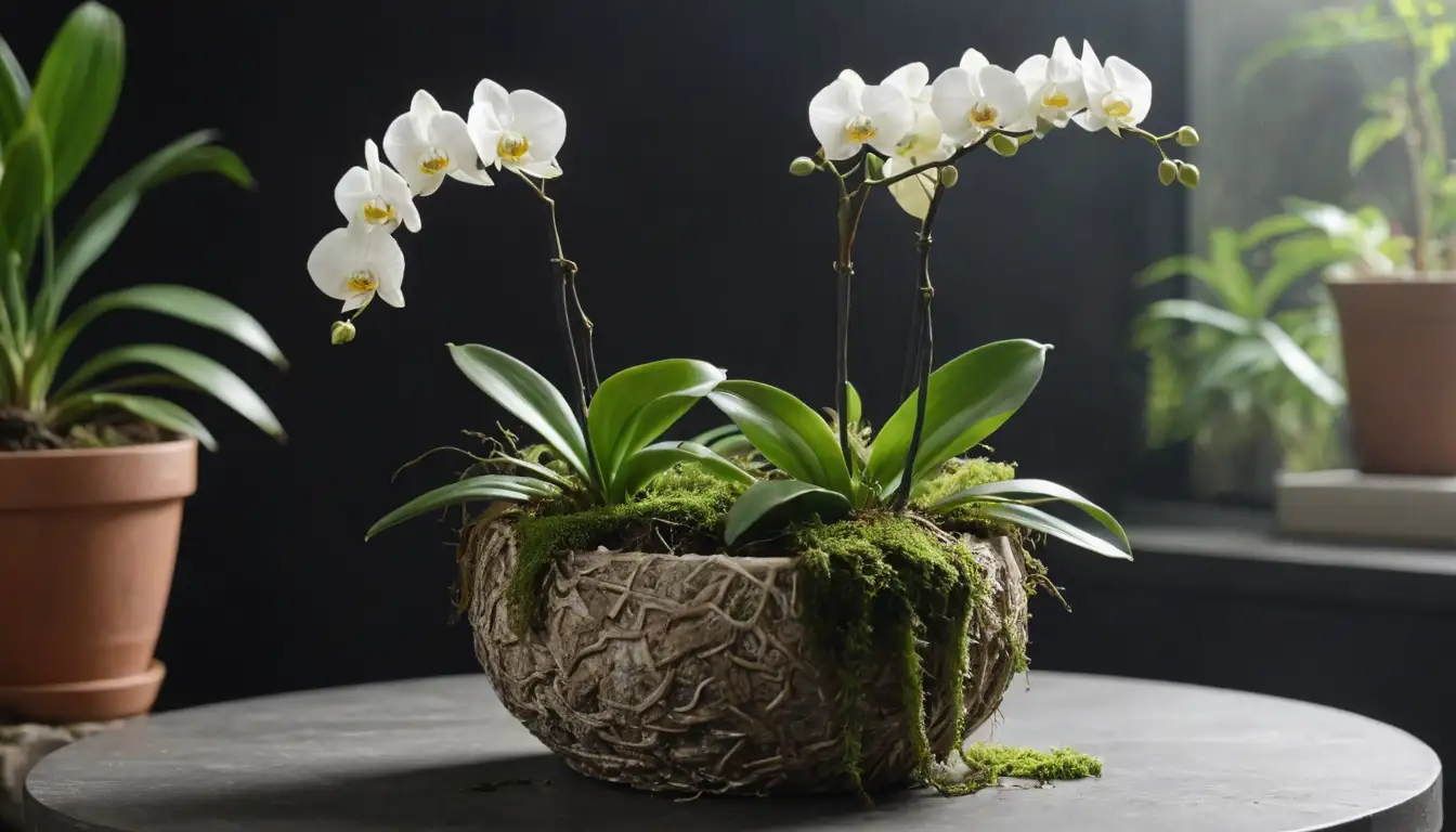 Orchid pot with white Paphiopedilum orchid roots wrapped around it, green leaves and stems visible, soil or moss in background, possibly a few decorative rocks or pebbles, soft light