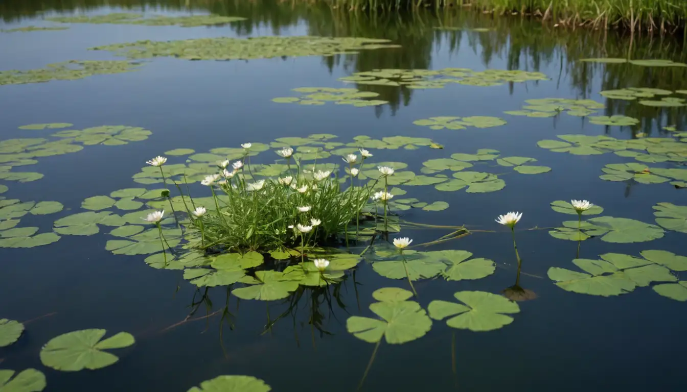 3-5 stems of watermilfoil floating on calm pond/water surface, bright green leaves with fine hairs, small white flowers growing at stem tips, partially submerged in shallow water, surrounded by aquatic plants, serene environment