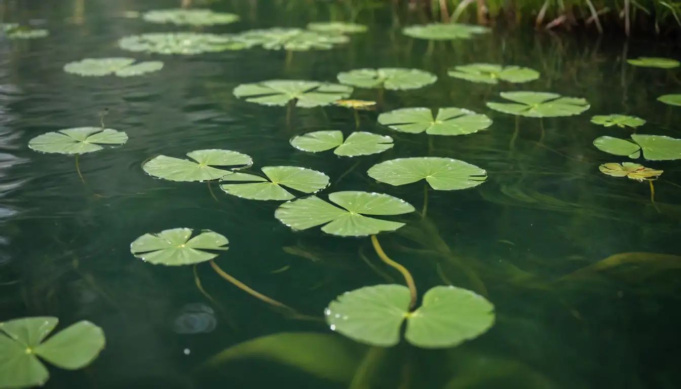 Aquatic plants, waters surface, floating leaves, stems underwater, green color dominant, blurred background, natural environment, sunlight refracted, ripples on water, gentle movement