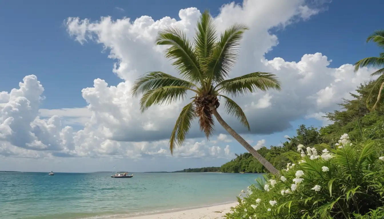 Palm tree with bright green fronds, white flowers, and feathery plumes, set against a blue sky with puffy clouds, surrounded by lush green vegetation, with a warm sandy beach in the foreground, a calm lake or ocean waves in the background, possibly with a few boats or kayaks
