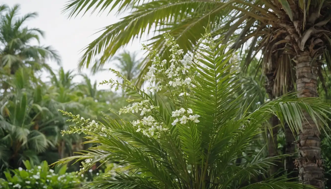 3-stemmed palm tree with yellow-green fronds, delicate white flowers blooming on stem tips, background with subtle sunlight and green foliage