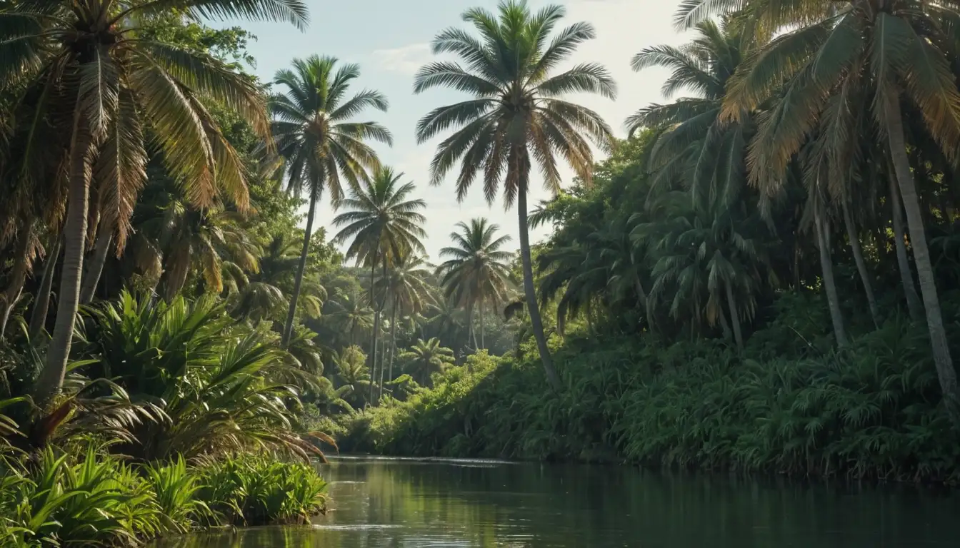 Palm trees with abundant fronds, wild animals grazing beneath, subtle sunlight filtering through, lush greenery surrounding, tranquil waters edge in the background