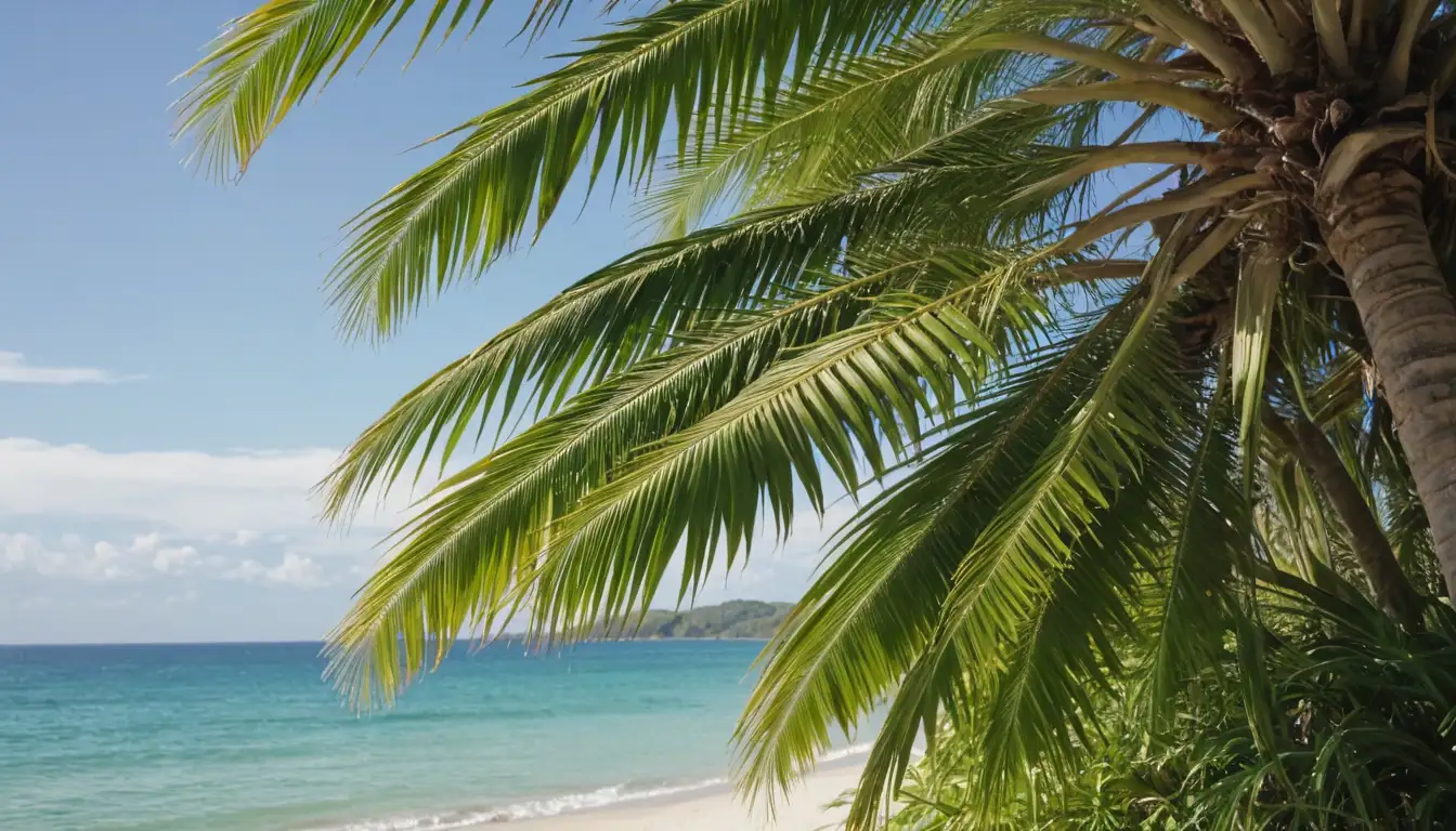 palm tree with feathery fronds, bright green leaves, sunny sky, beach or tropical setting, lush foliage, calm waters in background