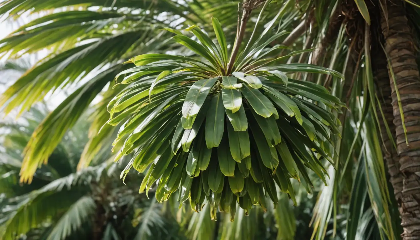 Palm tree with curly trunk, fish-shaped fruit hanging down, tropical leaves and branches entwined together, bright green color dominant, some sunlight filtering through