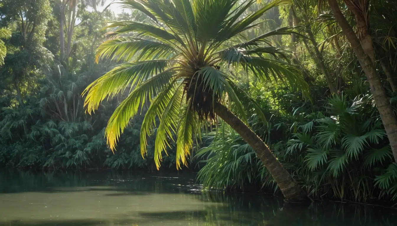 A palm tree with a distinctive fish-shaped tail, growing near waters edge, surrounded by lush vegetation, reflecting sunlight, and possibly having a few birds or insects perched on its fronds, set against a serene natural background, with no human presence