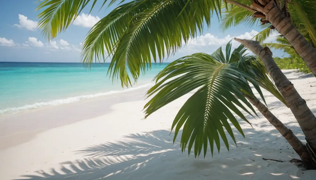 3D rendering of palm fronds with bright green leaves and a trunk with a rounded base, surrounded by white sandy beach or shallow water with calm blue ocean in the background, sunlight filtering through the fronds, warm tropical atmosphere