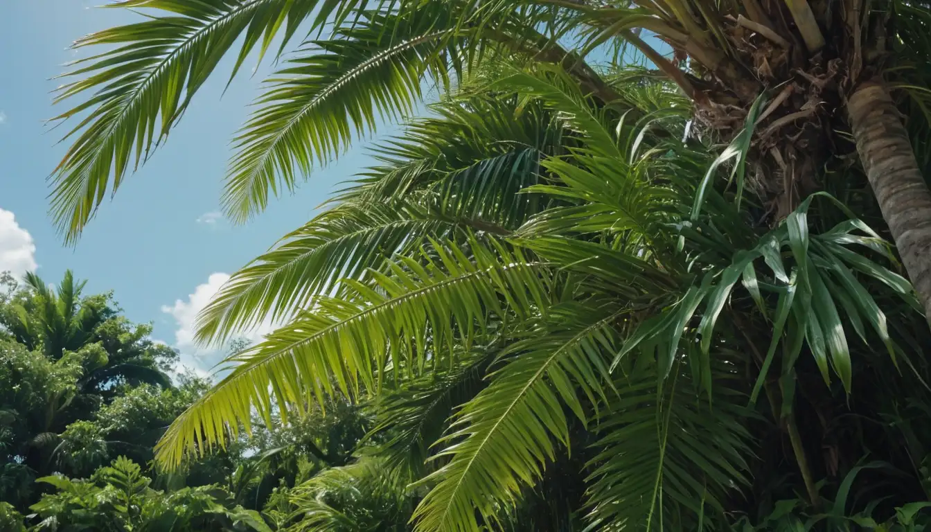 Tropical palm tree with bright green leaves, tall trunk, and curved stem resembling a fish tail, surrounded by lush green foliage and blue sky