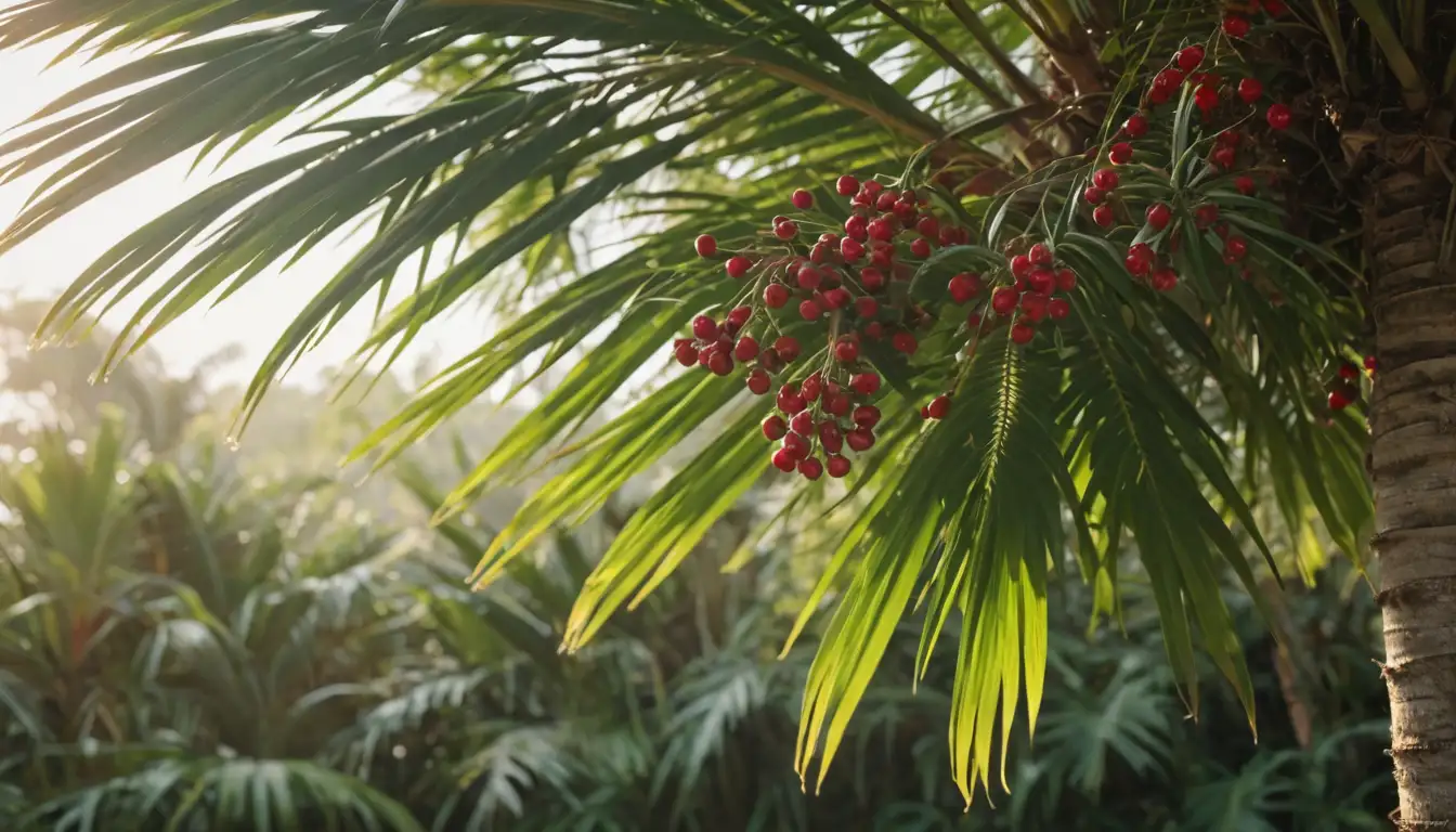 3D palm tree trunk with fan-shaped leaves, bright green stems, and red berries suspended from branches, set against a warm sunlight background