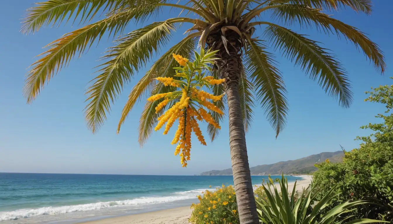 palm tree with a distinctive curved trunk, bright green leaves, yellow or orange flowers, and long, thin fruits resembling fish tails, set against a blue sky or a serene beach landscape