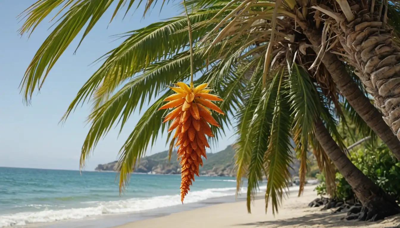 A palm tree with a distinctive fish tail shape, lush green leaves, and fruit hanging down, possibly yellow or orange in color, against a natural background like sandy beach or rocky coast