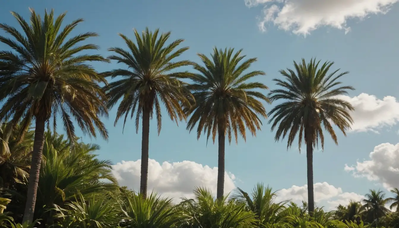 Palm trees standing tall, sun shining down, blue sky with a few fluffy clouds, warm light casting gentle shadows, subtle moisture mist rising from soil, lush green leaves and stems, possibly some decorative objects like vases or sculptures around the bases