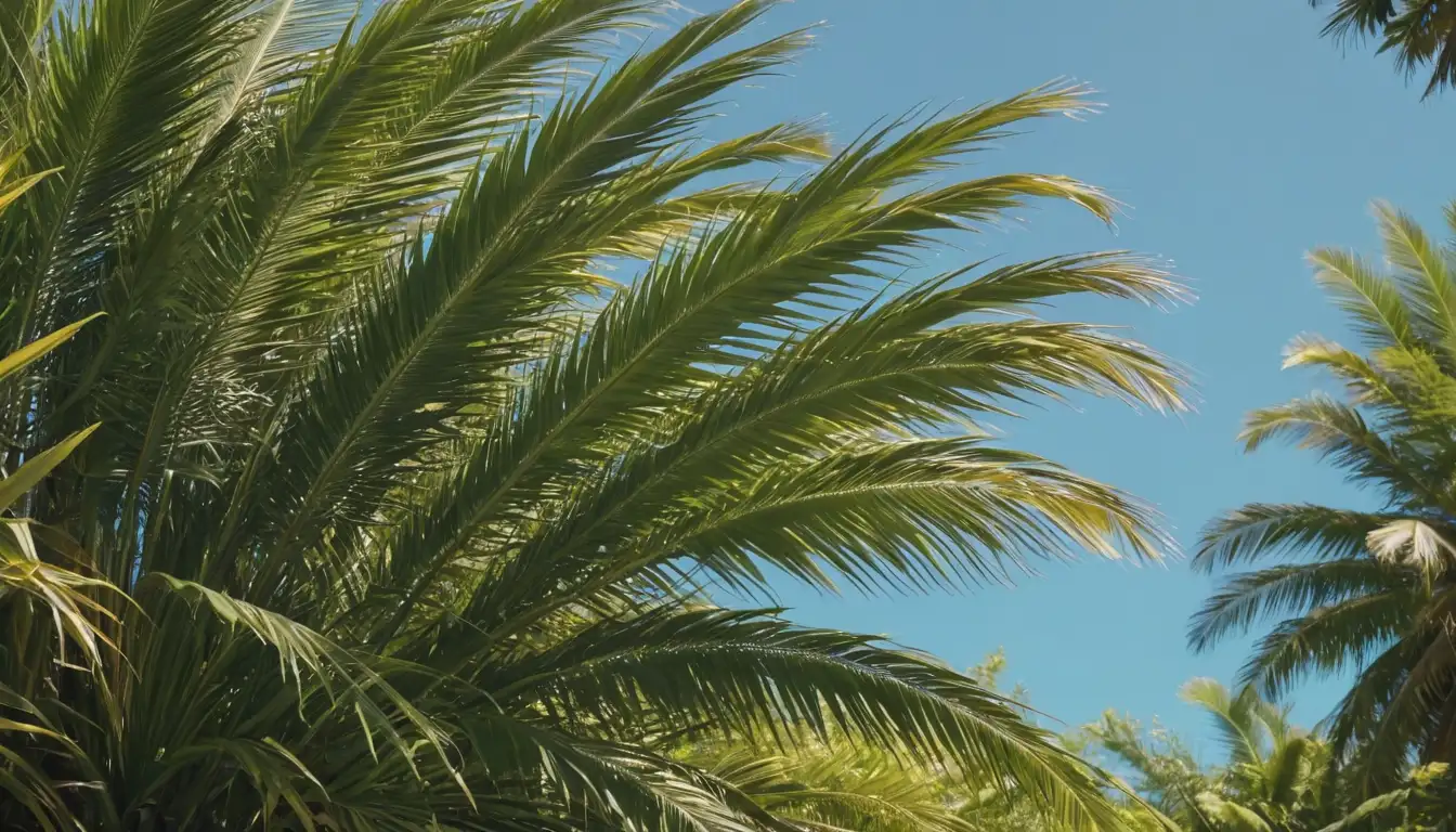 palms with vibrant green leaves, some with fronds drooping downward, others standing upright, against a bright blue or sunny yellow background, possibly with subtle shadows, perhaps surrounded by lush foliage or stones