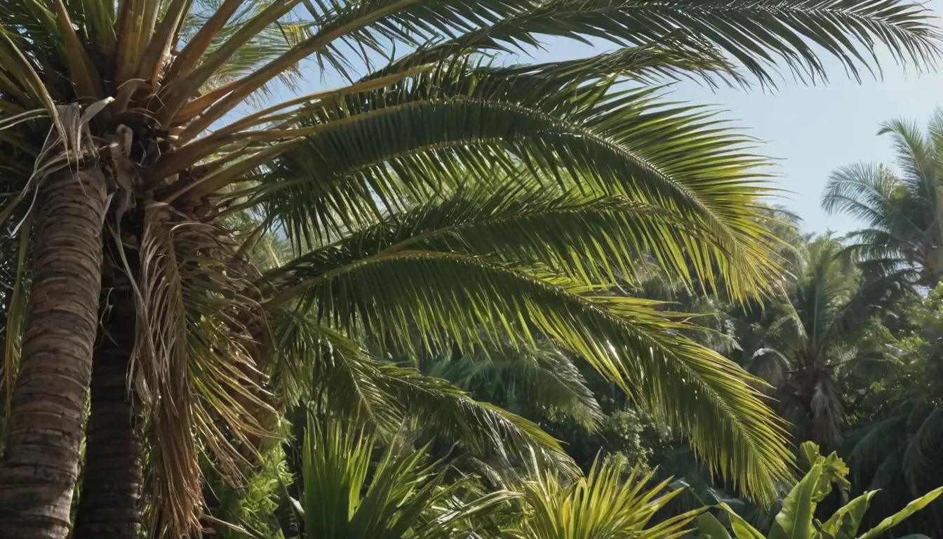 palm trees in different environments, tropical islands, beachside settings, lush forests, desert landscapes, close-ups of leaves and trunks, various shapes and sizes, mature and young palms, soil types, sunlight filtering through fronds