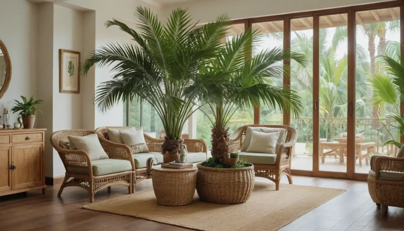 A bright and airy interior space with a large palm tree as centerpiece, soft green leaves gently swaying in the breeze, warm wooden furniture accents, and natural textures like woven baskets and jute rugs