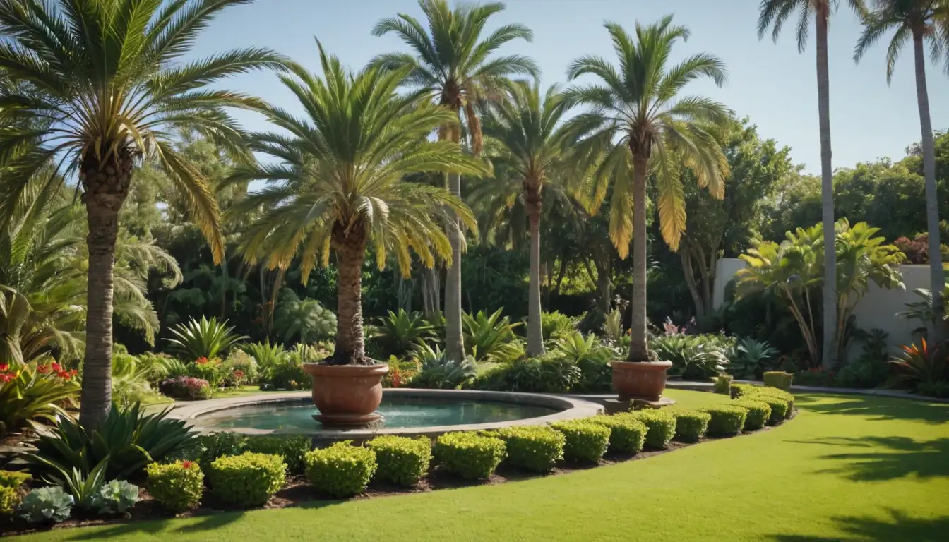 Palm trees in a garden, well-manicured lawn, greenery, sunshine, water features, decorative pots, planters with flowers or succulents, lush foliage, tree trunks, sunny sky, serene atmosphere, beautiful scenery, tropical vibe