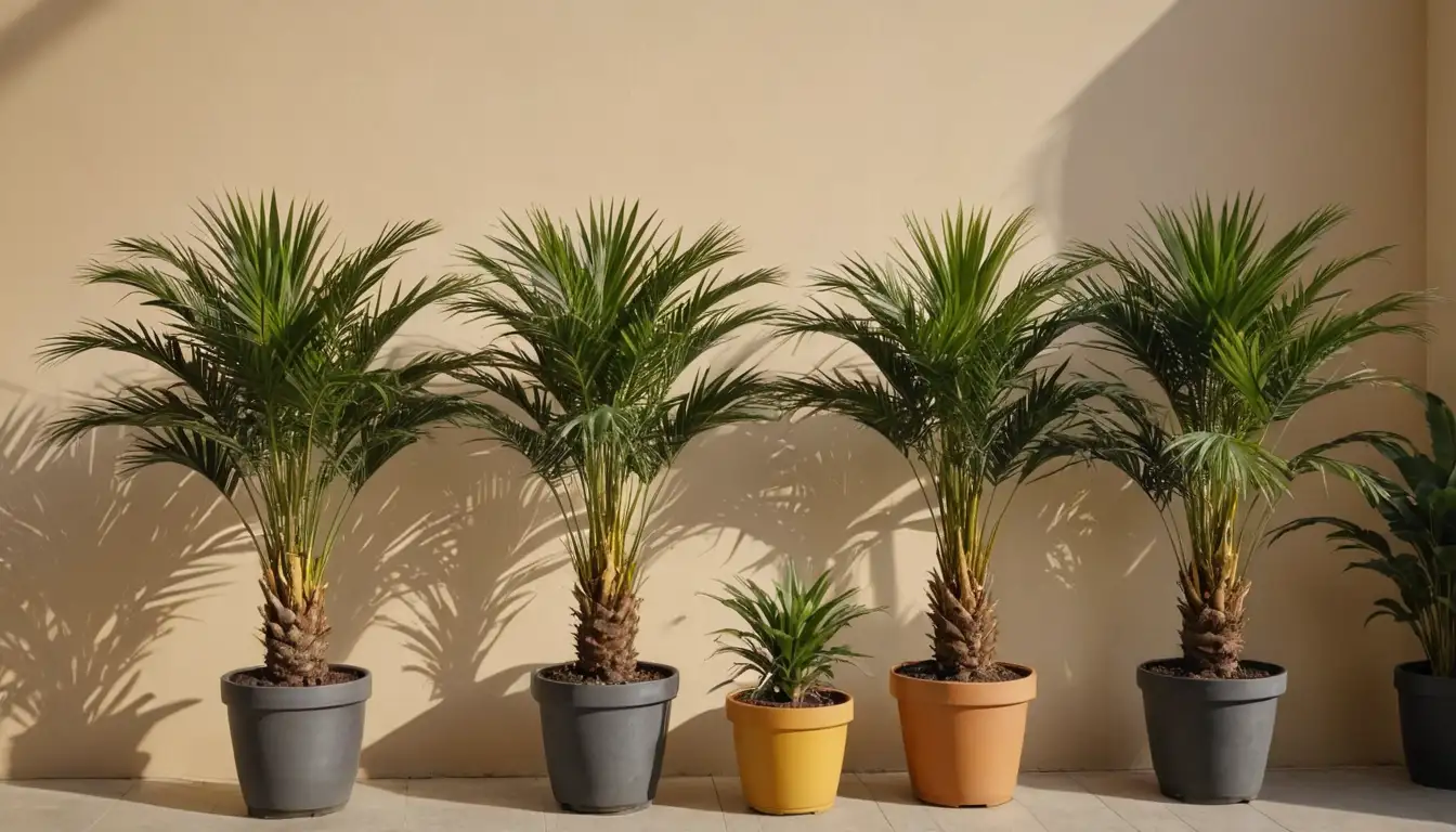 3-4 dwarf palm trees in pots, small to medium size, with varying shapes and leaf textures, set against a warm, natural light background, possibly with a subtle gradient of golden or yellow hues, hinting at optimal lighting conditions