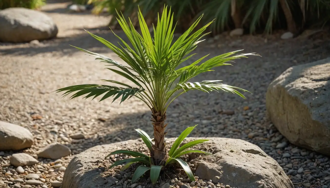 Small palm tree with short trunk, few leaves, and delicate fronds, on a green background, surrounded by rocks or soil, with natural light casting shadows