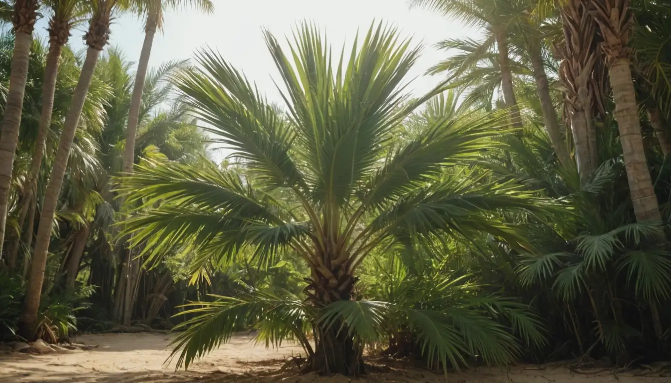 Palm tree with short stature, tiny leaves, and dense crown, growing on sandy soil, surrounded by lush greenery, with bright sunlight filtering through, highlighting the palms delicate features, set against a warm, natural background