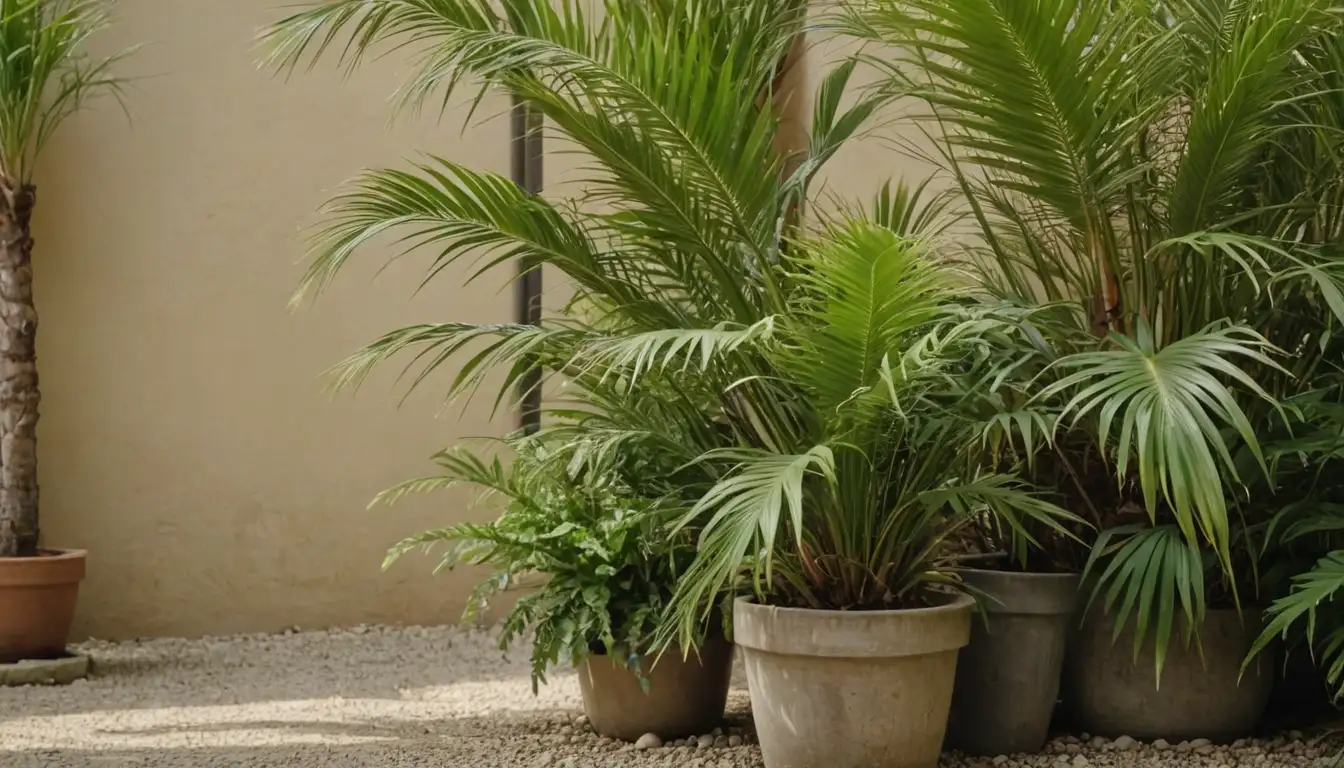 small palm trees with bright green fronds, some plants in pots, lush foliage, soft focus, warm beige or sandy background, possibly a few stones or pebbles, a hint of sunlight or gentle glow