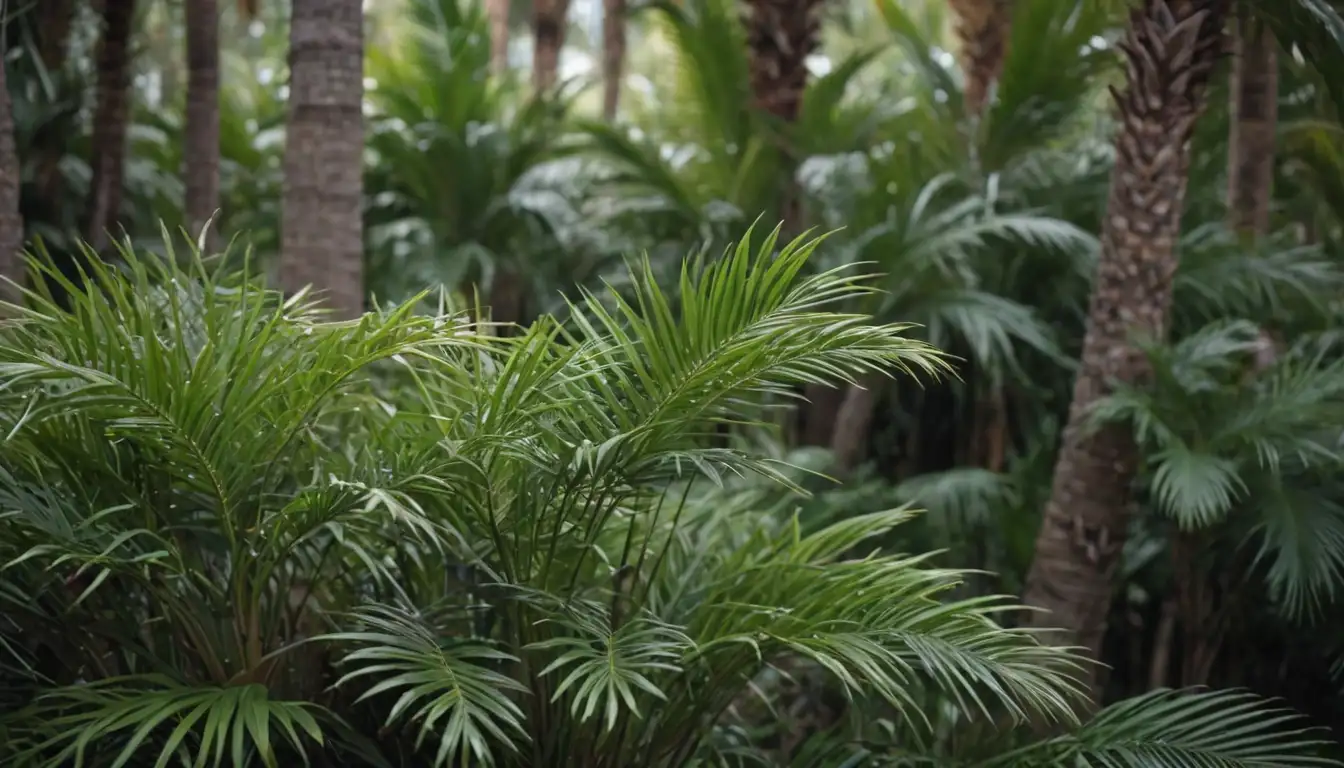 Small, compact palm trees with short stems, small leaves, unique shapes, tiny fronds, miniature trunks, and delicate features